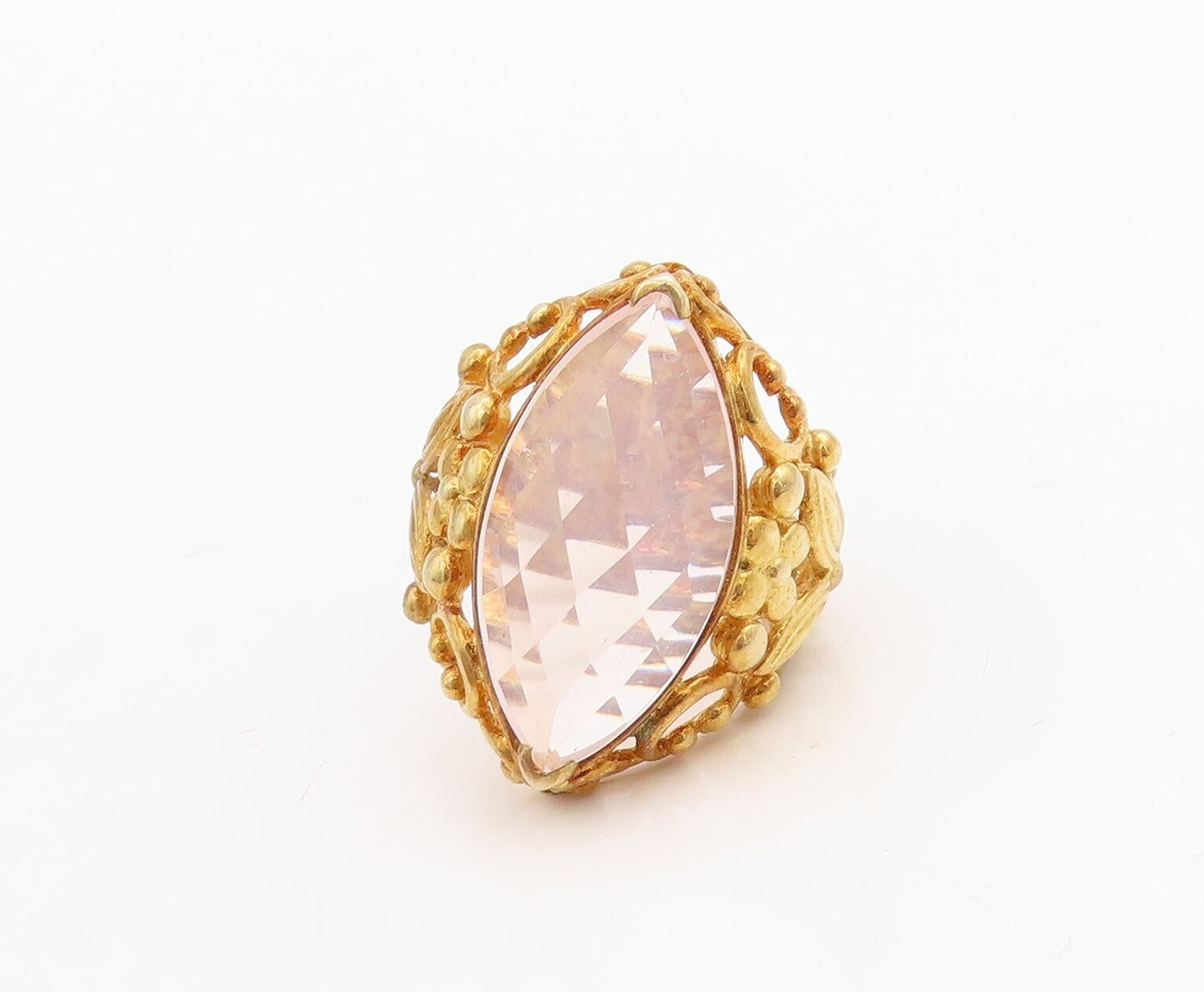 925 Sterling Silver Vintage Ring Gold Plated Floral Carved Gemstone Sz 7 RG30722