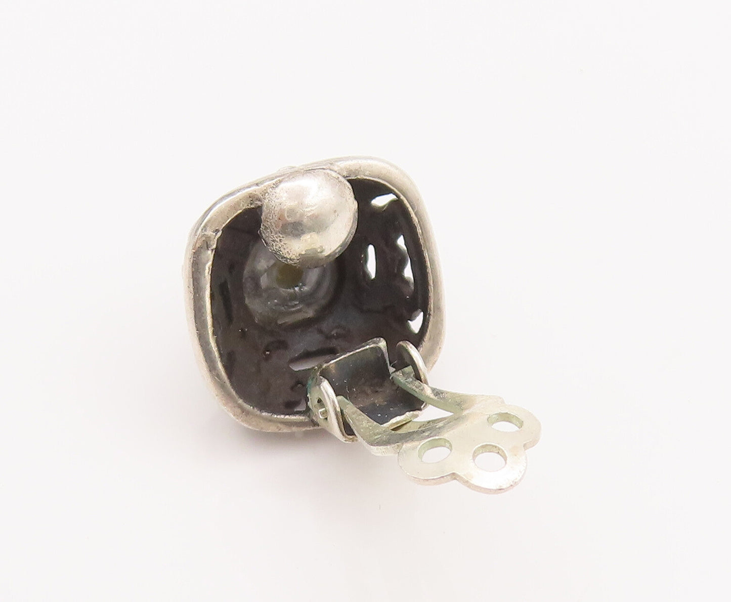 925 Sterling Silver Vintage Earrings Swirly Carved Square And Grey Pearl EG12884