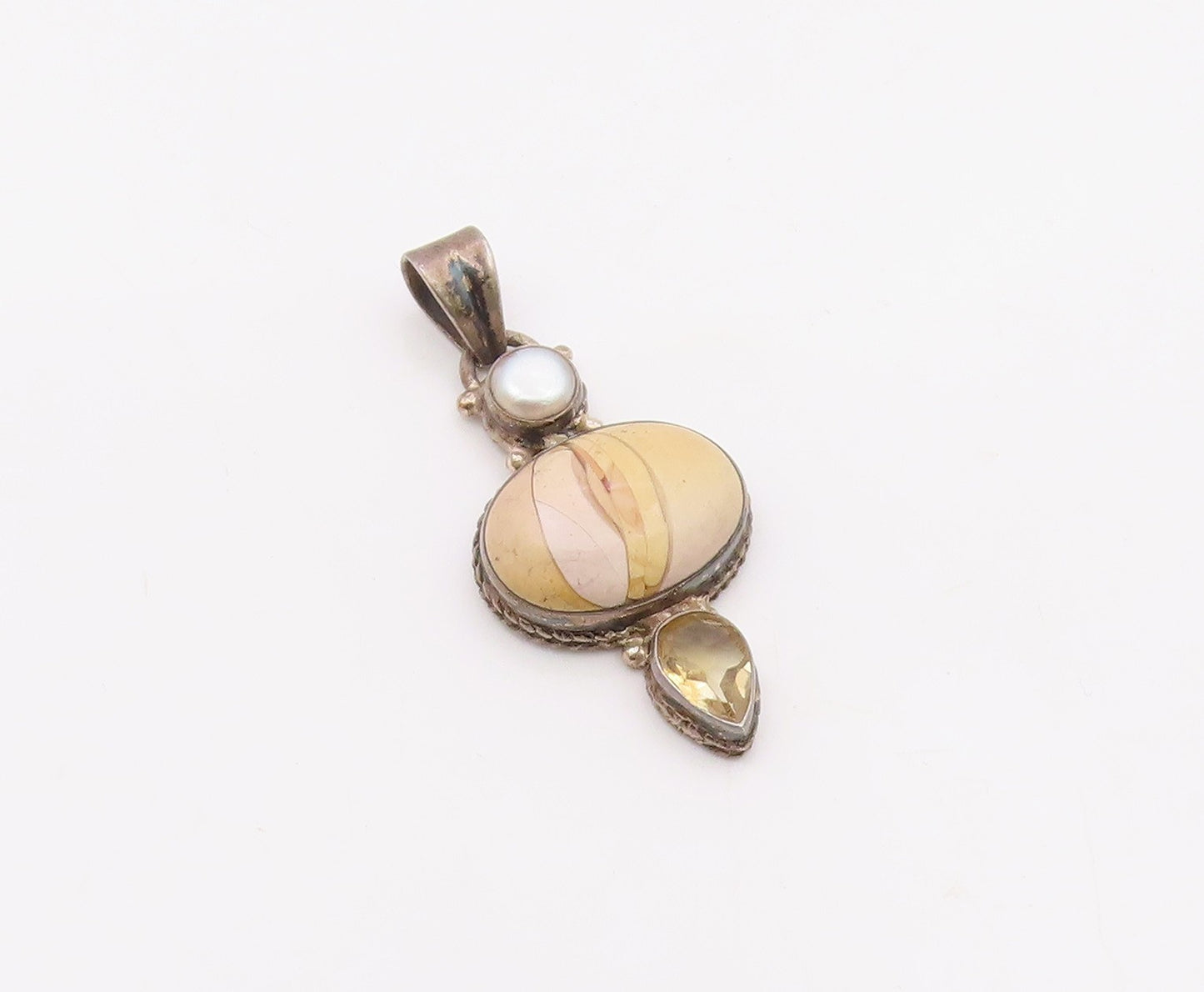 925 Silver  Vintage Multi Shape Jasper Citrine & Pearl Drop Pendant  PT21912