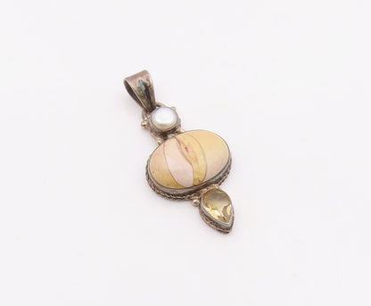 925 Silver  Vintage Multi Shape Jasper Citrine & Pearl Drop Pendant  PT21912