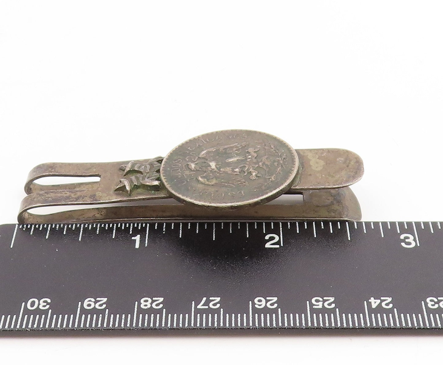 925 Sterling Silver Vintage Money Clip MEXICO Carved Eagle & Snake Coin  TR4182