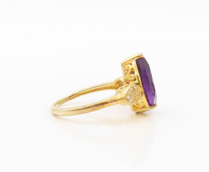 925 Sterling Silver Vintage Ring Gold Plated Drop Cut Amethyst & CZ Sz 8 RG30339