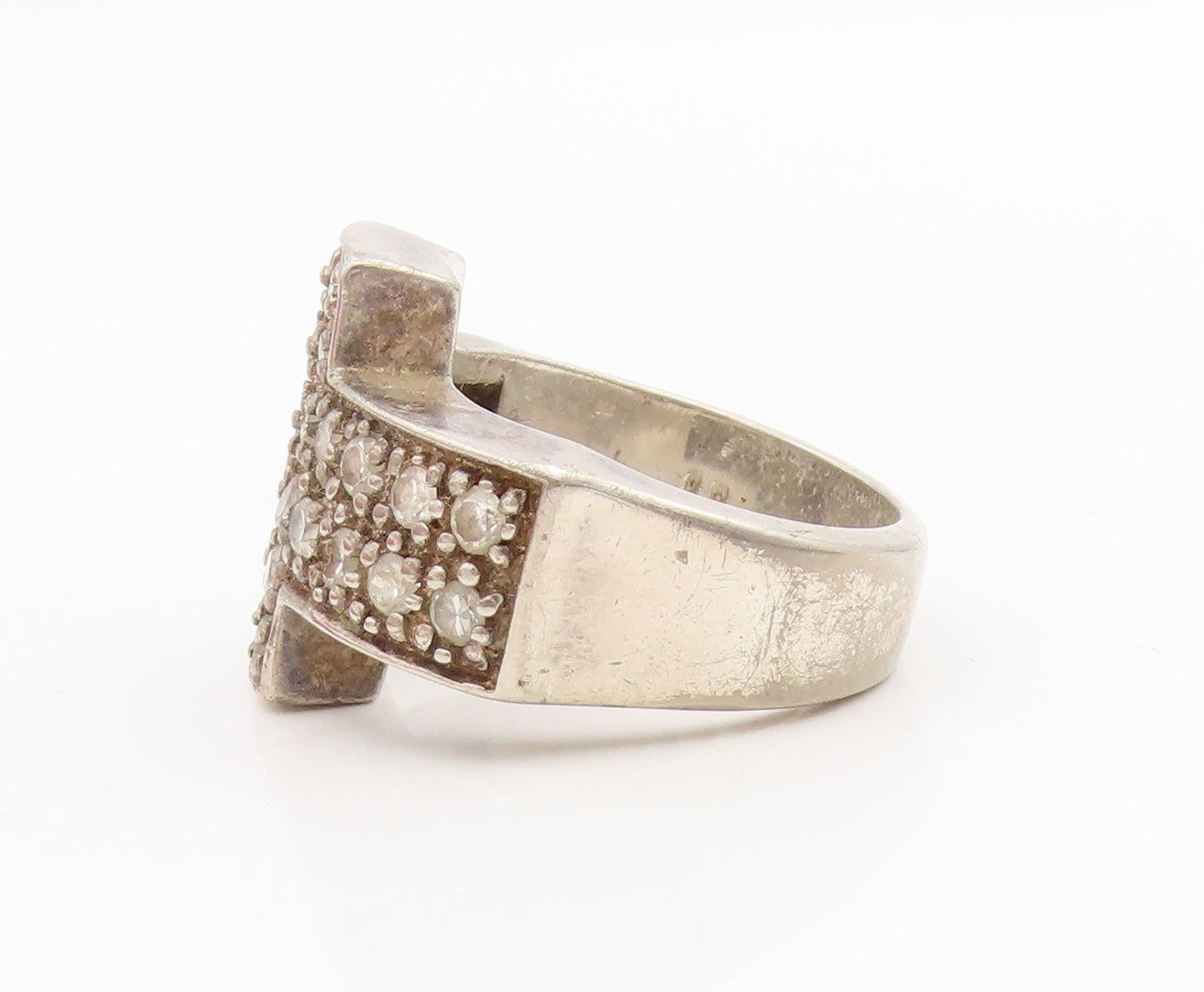 925 Sterling Silver Vintage Ring Round CZ Religious Cross Band  Sz 9.5  RG34336