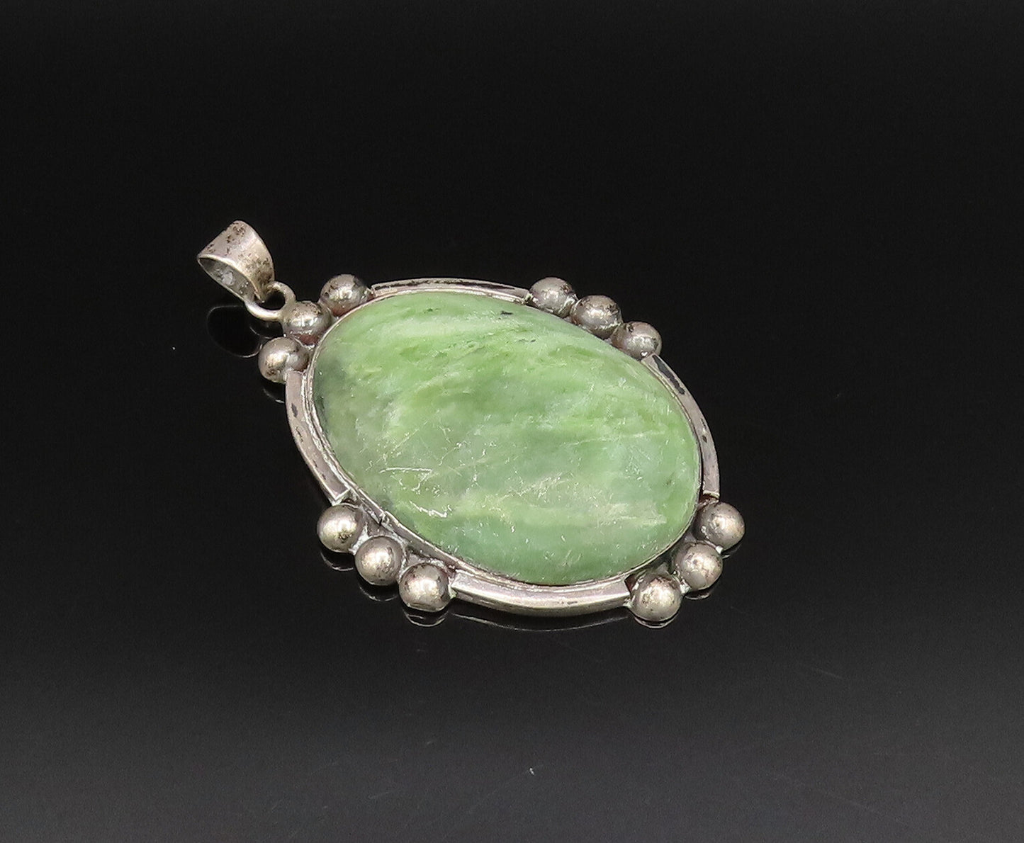 DAVID ALLENDE 925 Silver  Vintage Beaded Edge Green Jasper Pendant  PT21523