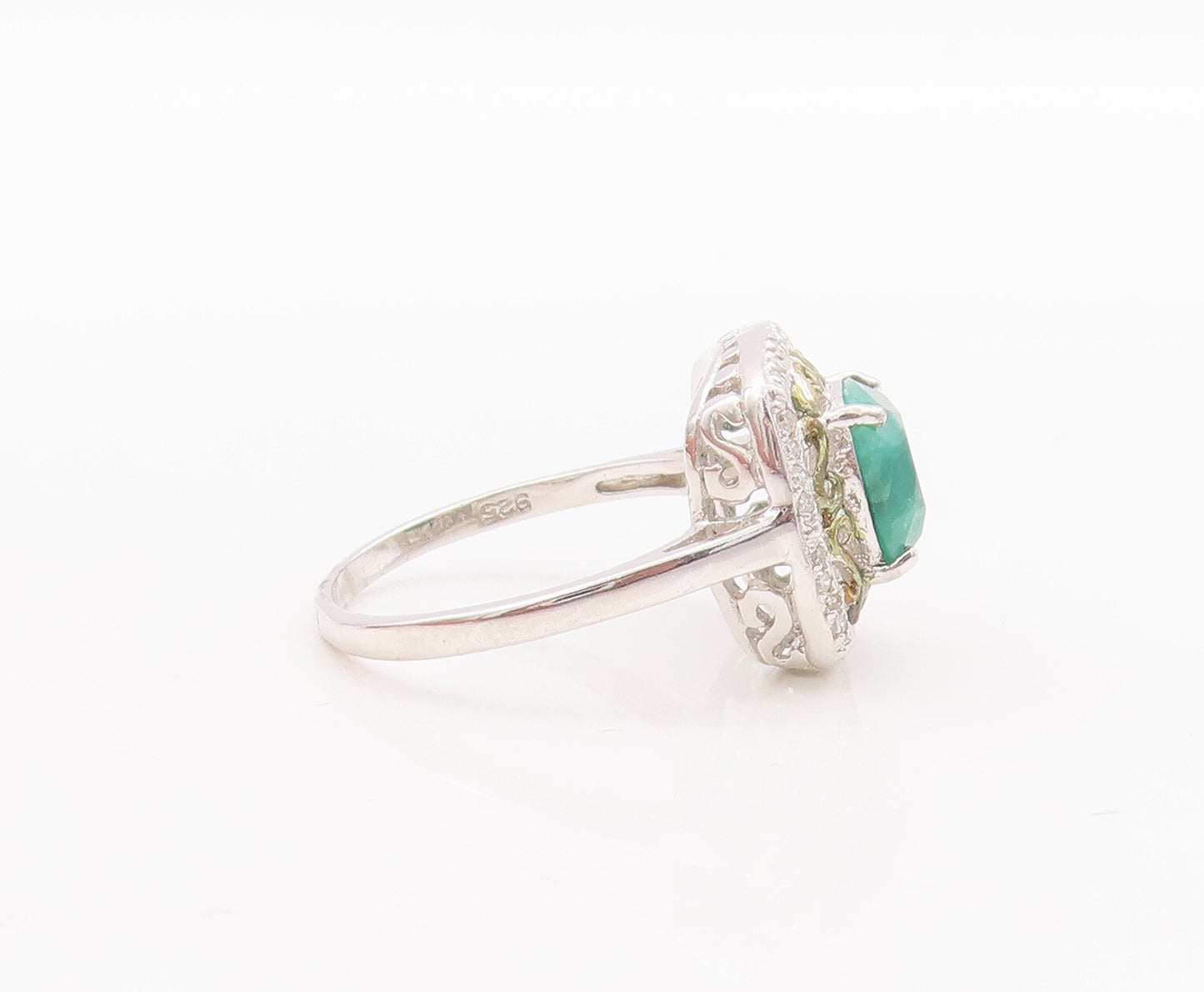 925 Sterling Silver Vintage Ring Swirly Cutout Diamonds & Gemstone Sz 7  RG29699