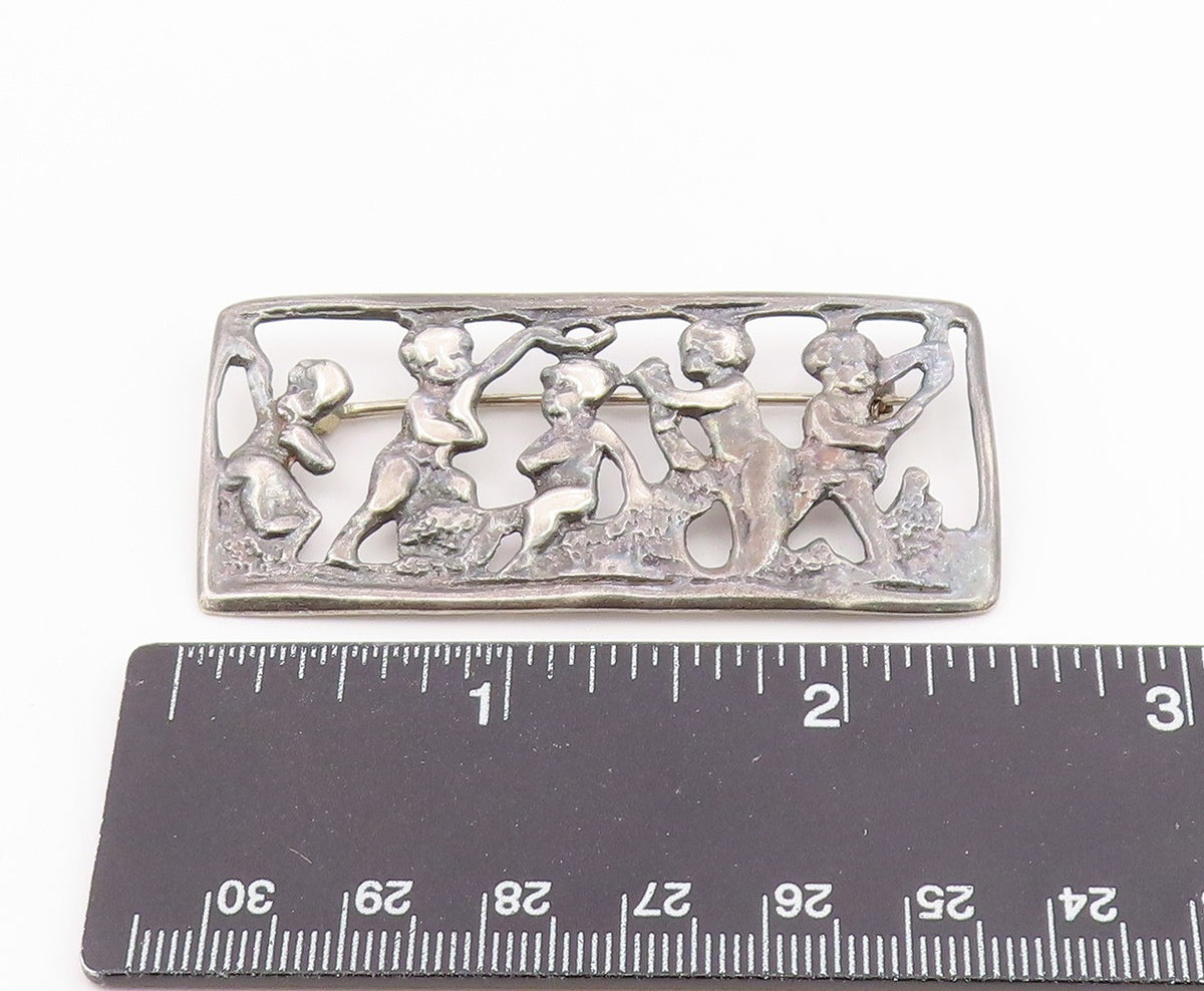 925 Sterling Silver  Vintage Oxidized Children Scene Square Brooch Pin  BP4649