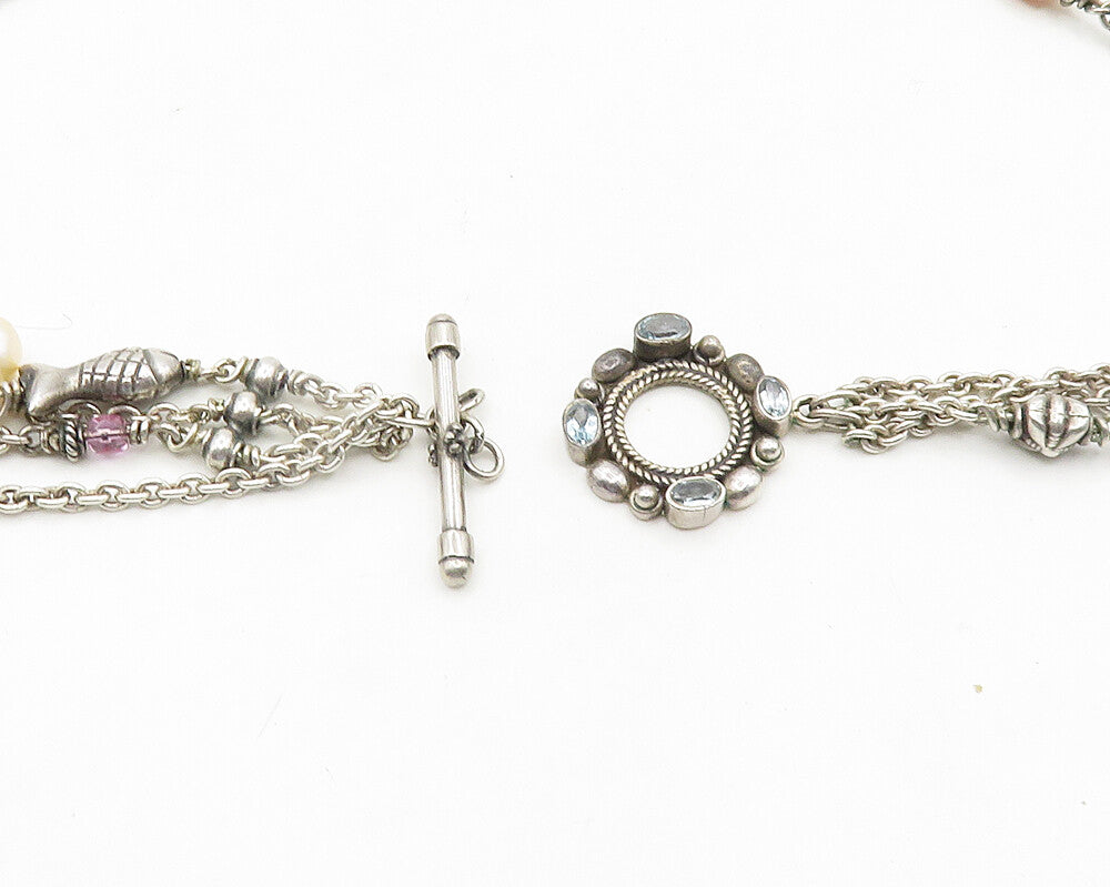 DESIGNER 925 Sterling Silver Vintage Pearls Amethyst Fish Chain Necklace NE3197