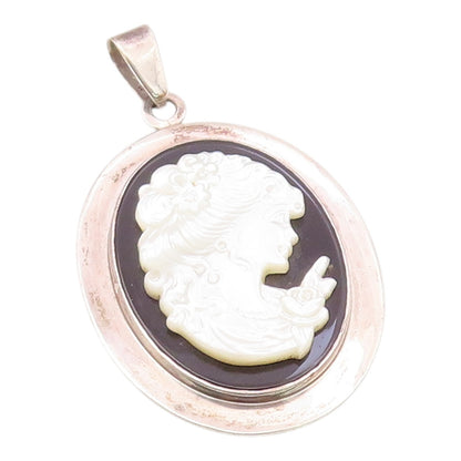 DESIGNER 925 Silver  Vintage Mother Of Pearl Woman & Onyx Pendant  PT21039