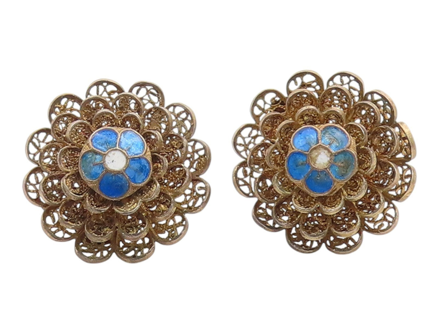 925 Sterling Silver Vintage Earrings TOPAZIO Enamel Filigree Flower  EG14312