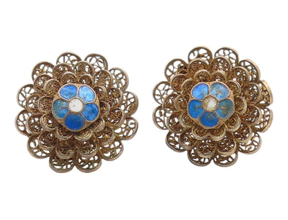925 Sterling Silver Vintage Earrings TOPAZIO Enamel Filigree Flower  EG14312