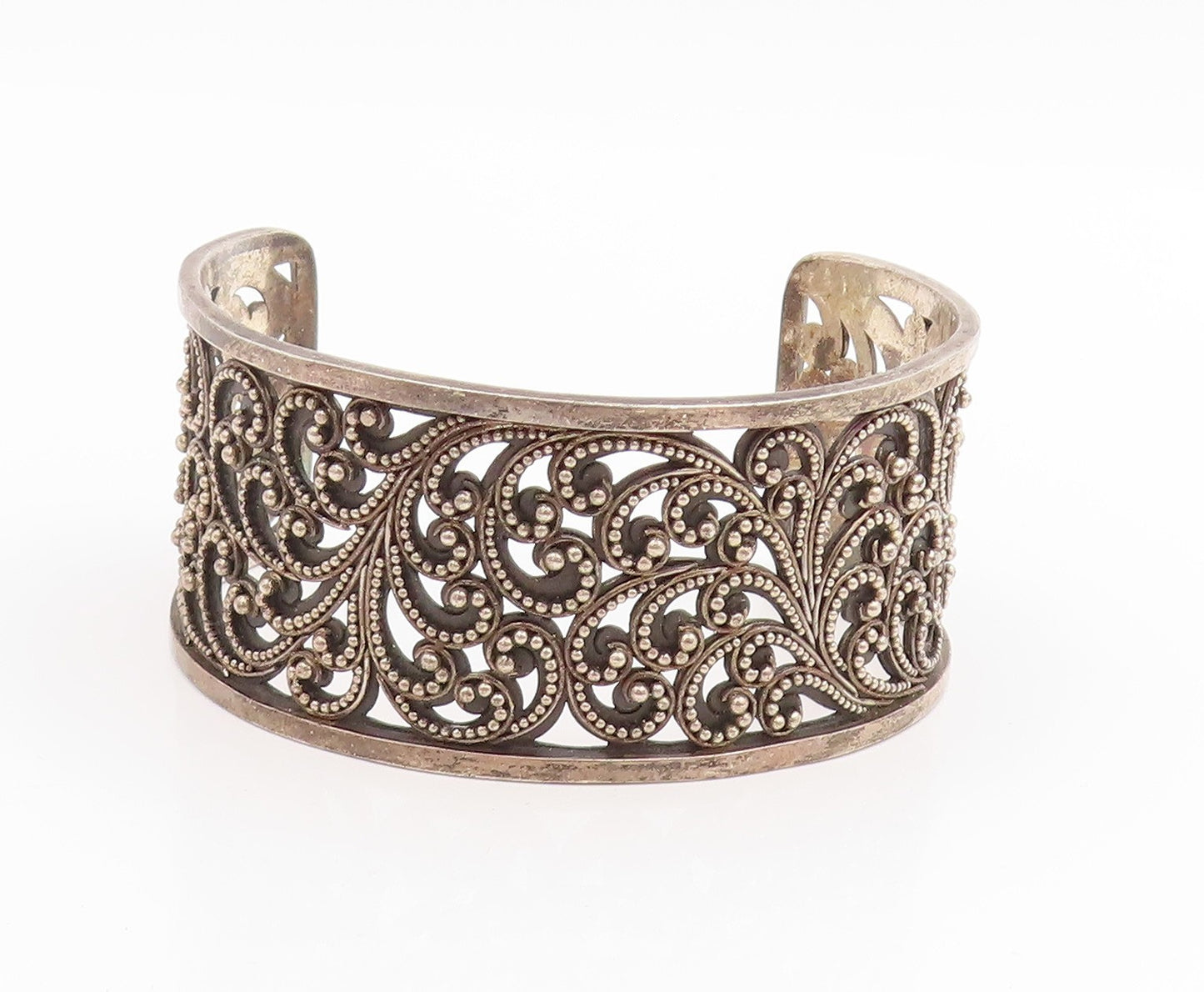 925 Sterling Silver Vintage Bracelet Lois Hill Beaded Scrollwork Cuff  BT11440