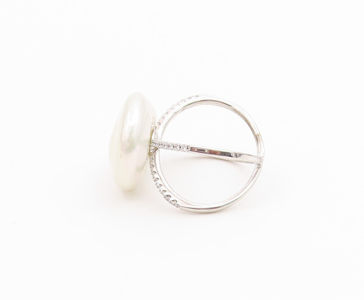 925 Sterling Silver Vintage Ring Modernist Pearl Split Shank  Sz 6.5  RG36744