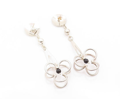 925 Sterling Silver Vintage Earrings MEXICO Modernist Drop Onyx Flower  EG13577