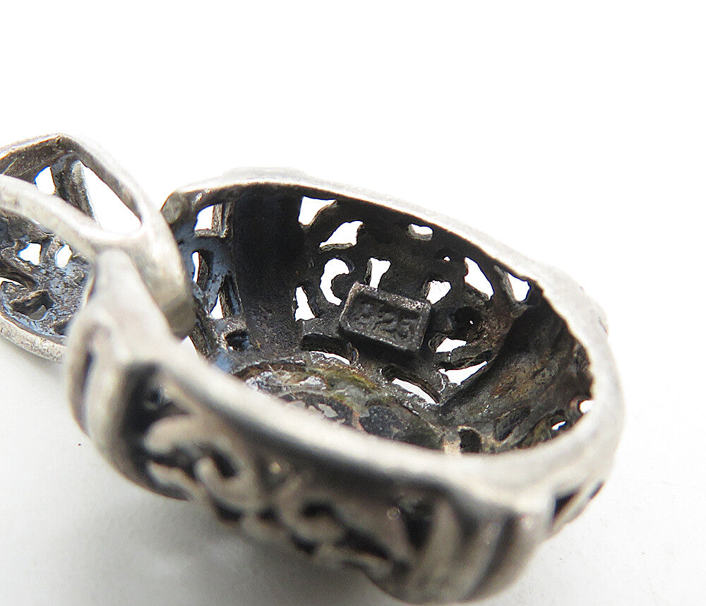 925 Sterling Silver Vintage Cabochon Cut Black Onyx Floral Pendant PT6301