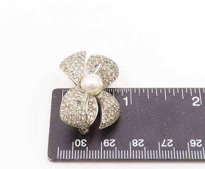 925 Sterling Silver  Vintage Pearl & Topaz Bow Tied Ribbon Brooch Pin  BP8545