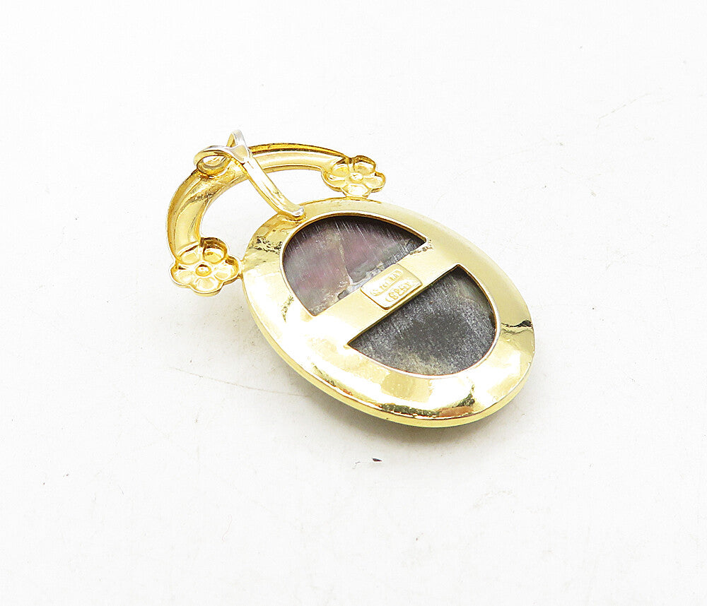 925 Sterling Silver  Mother Of Pearl Floral Gold Plated Drop Pendant  PT6992