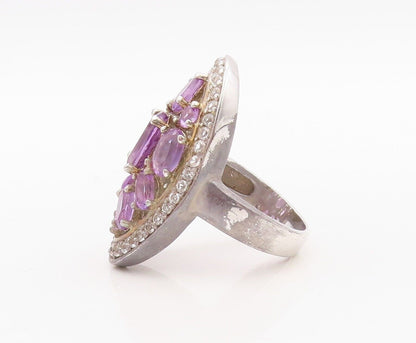 925 Sterling Silver Vintage Ring Oval Cut Amethyst & Topaz Inlay  Sz 7  RG30033