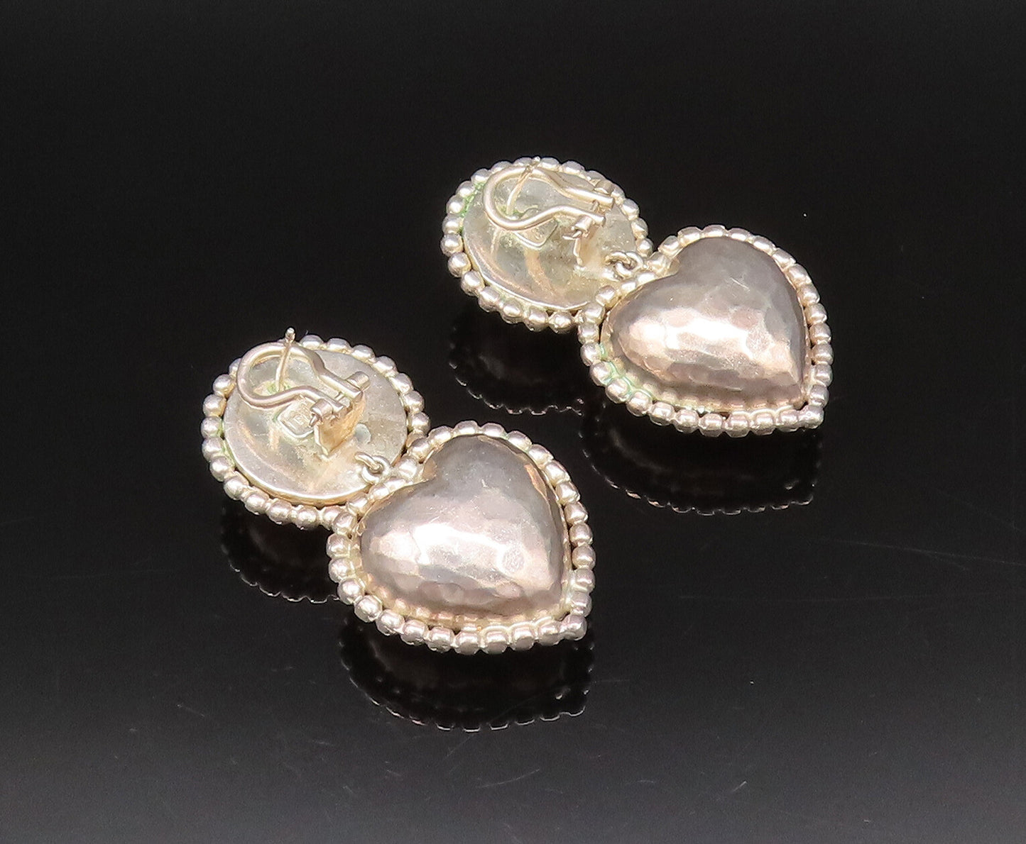 925 Sterling Silver  Vintage Hammered Bead Ball & Love Heart Earrings  EG12272