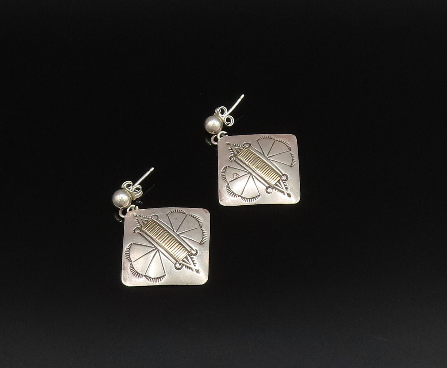 14K GOLD & 925 Silver  Vintage Two Tone Etched Butterfly Earrings  EG12051