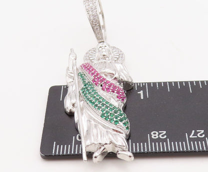 925 Sterling Silver Vintage Pendant 3 Tone CZ Inlay Carved Jesus  PT23557