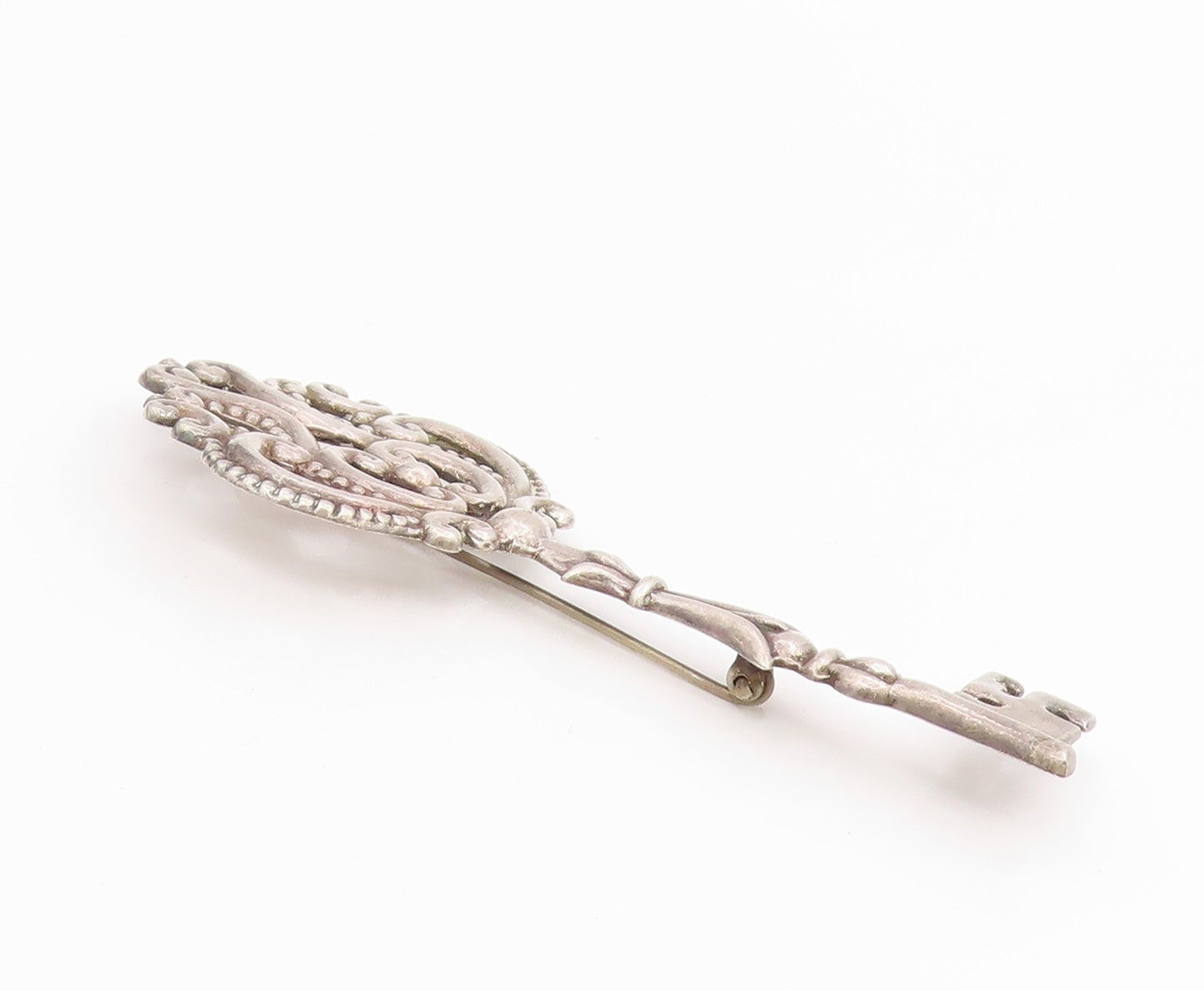925 Sterling Silver Vintage Brooch Pin Intricate Beaded Scrollwork Key  BP12172