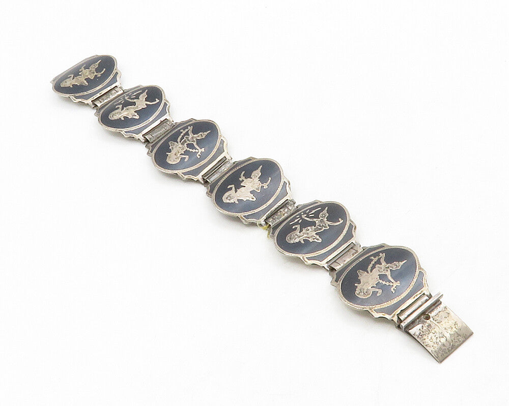 SIAM 925 Sterling Silver Vintage Niello Dancer Panel Chain Bracelet BT5135