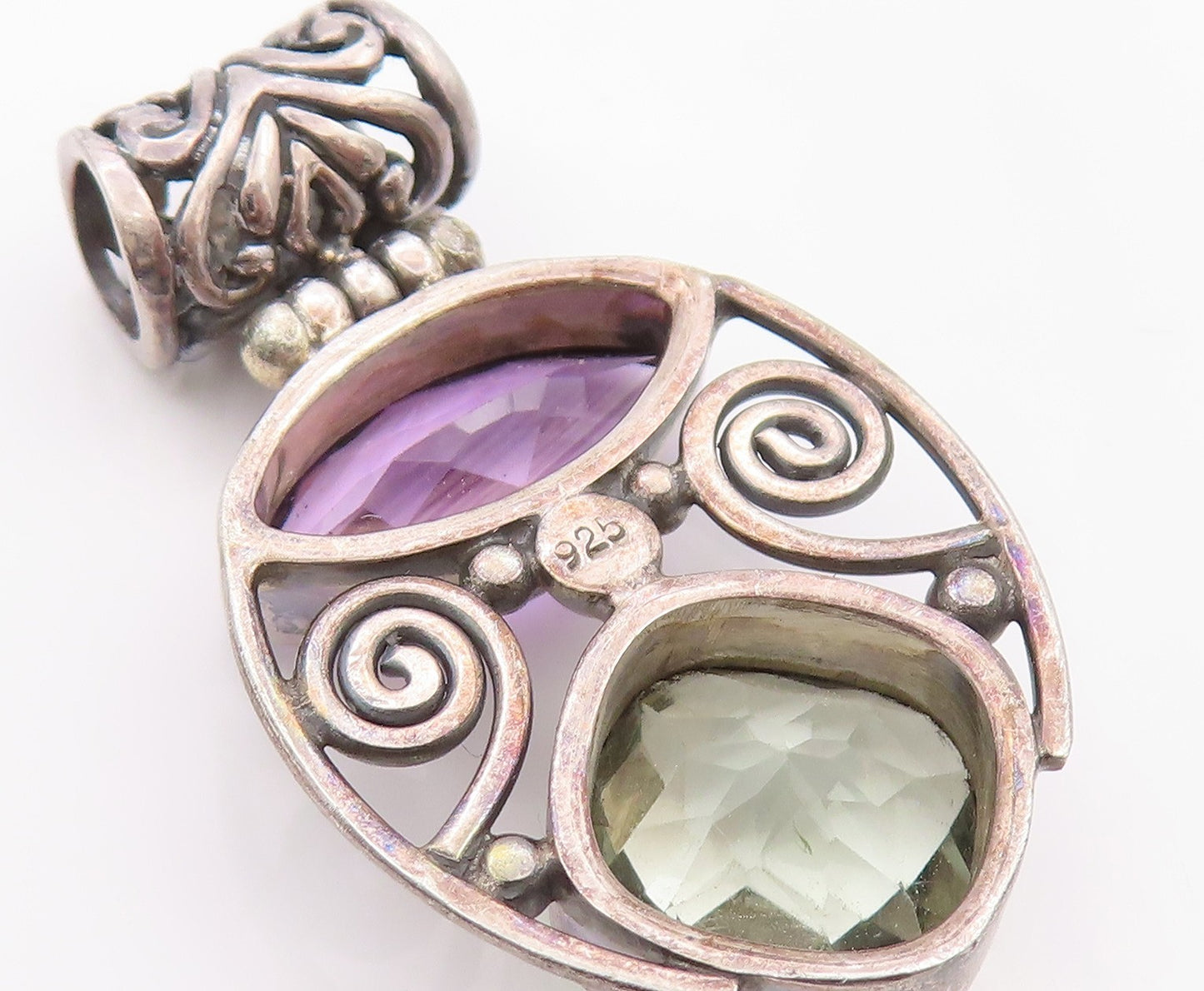 925 Sterling Silver Vintage Pendant Dark Tone Cutout Amethyst & Topaz  PT24003
