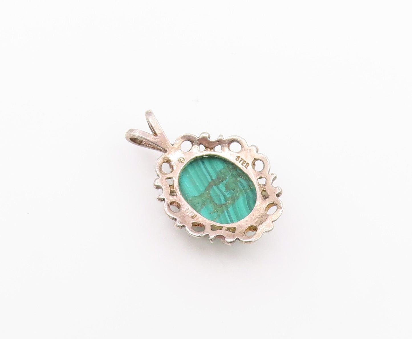 925 Sterling Silver  Vintage Smooth Cabochon Cut Green Agate Pendant  PT20036