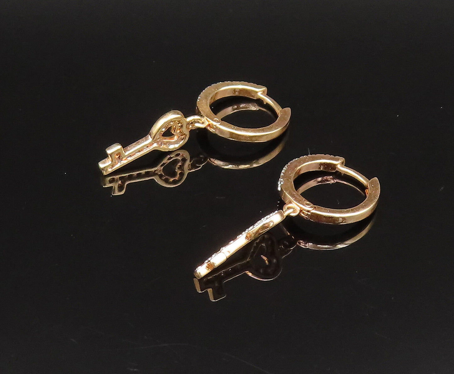 925 Silver  Vintage Gold Plated Genuine Diamonds Love Key Earrings  EG12071