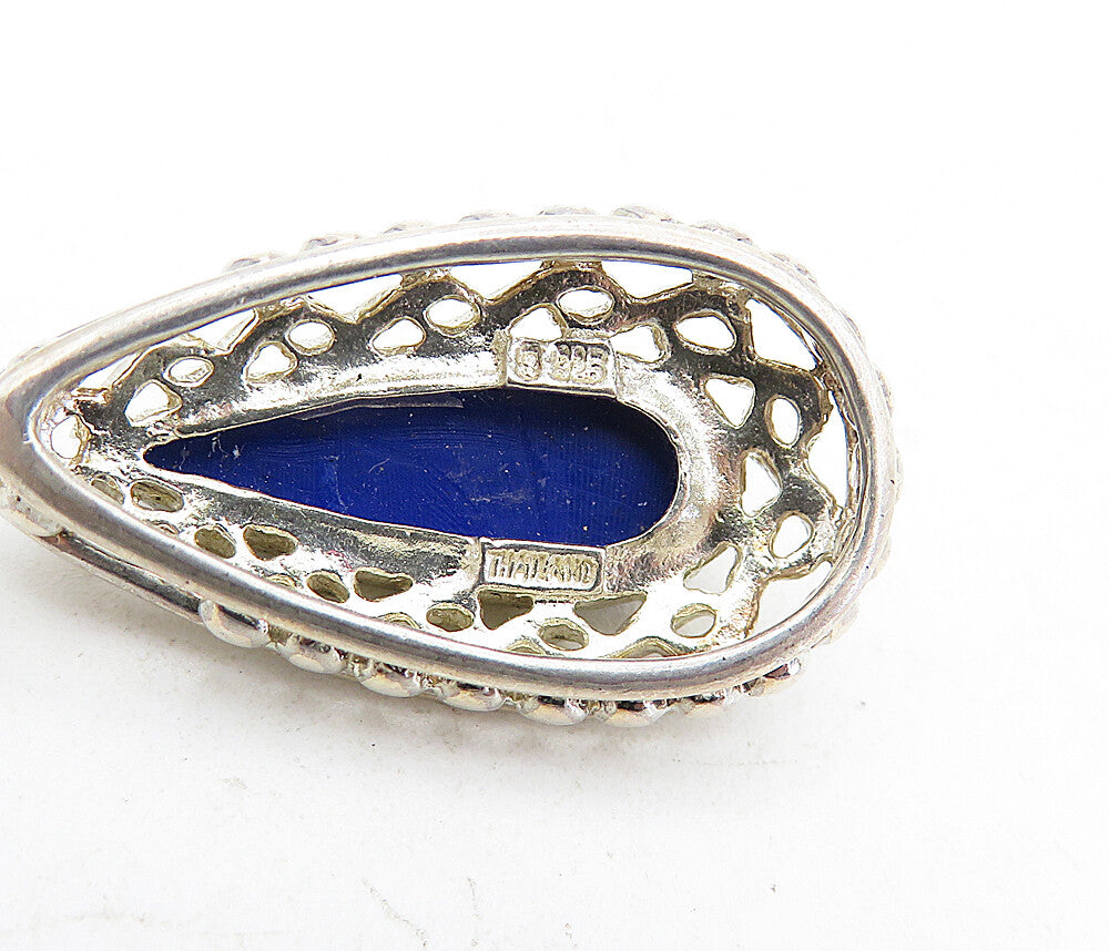 925 Sterling Silver  Vintage Lapis Lazuli Swirl Tear Drop Pendant  PT3370