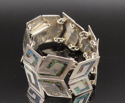 TAXCO 925 Silver  Vintage Inlaid Abalone Double Row Link Bracelet  BT9784