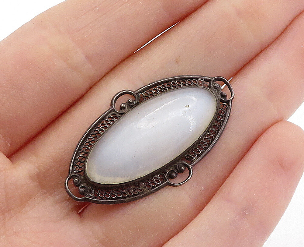925 Sterling Silver  Vintage Cabochon Cut Milky Quartz Brooch Pin  BP2606