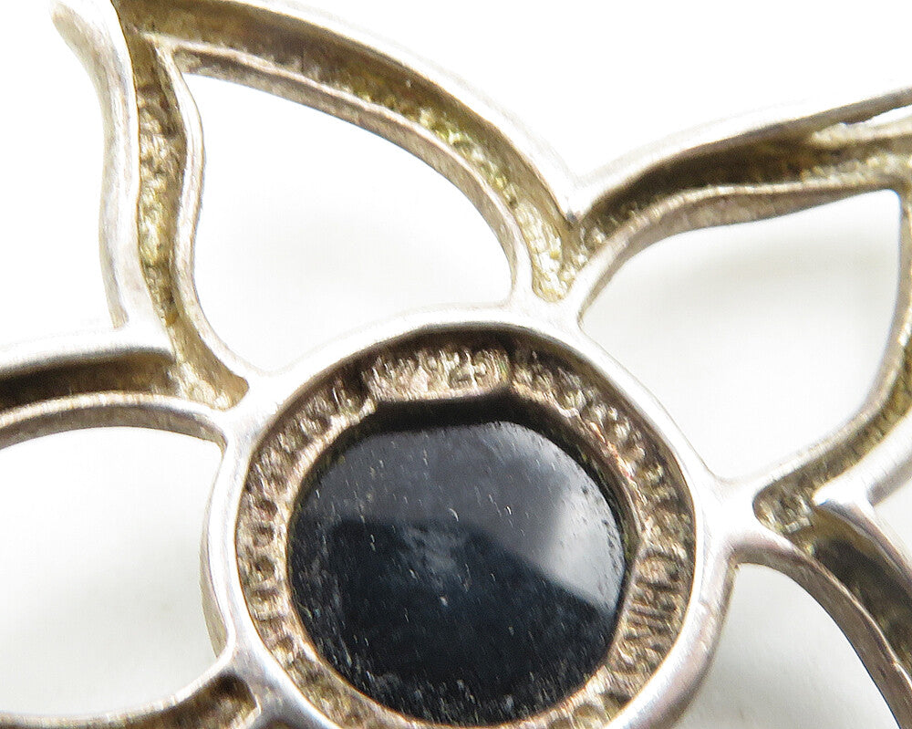 925 Sterling Silver  Vintage Cabochon Black Onyx Flower Motif Pendant  PT15134