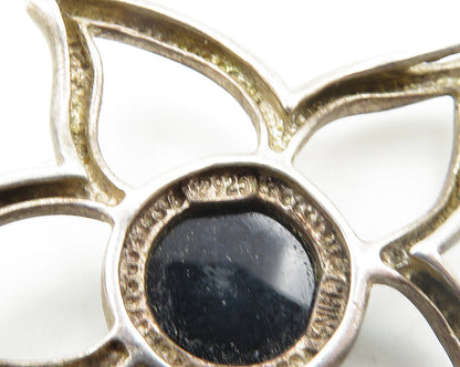 925 Sterling Silver  Vintage Cabochon Black Onyx Flower Motif Pendant  PT15134