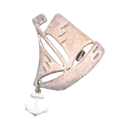 925 Sterling Silver Vintage Brooch Etched Sailboat With Dangling Anchor  BP11934