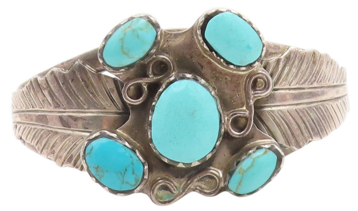 925 Sterling Silver Vintage Bracelet MEXICO Turquoise Etched Leaf Cuff  BT11989
