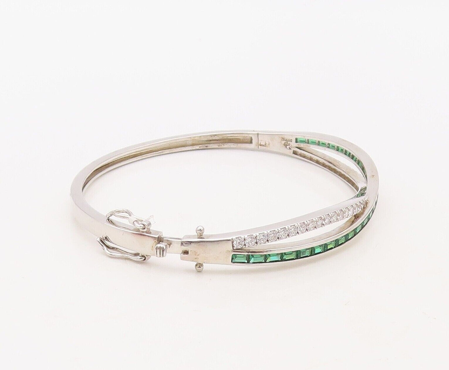 925 Sterling Silver Vintage Bracelet X Cutout Green & White Topaz Bands  BT10717