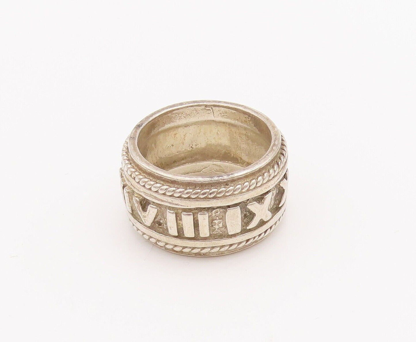 925 Sterling Silver Vintage Ring Solid All Around Roman Numeral  Sz 8 RG28400