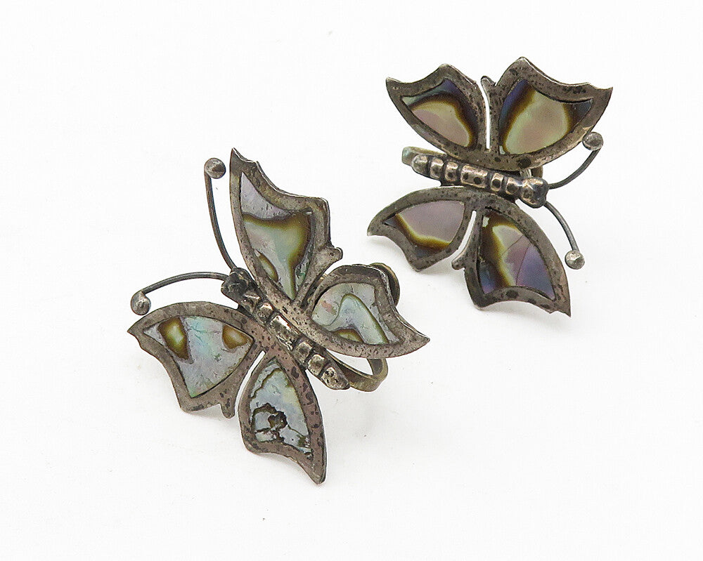 ECM MEXICO 925 Silver  Vintage Abalone Butterfly Non Pierce Earrings  EG5859