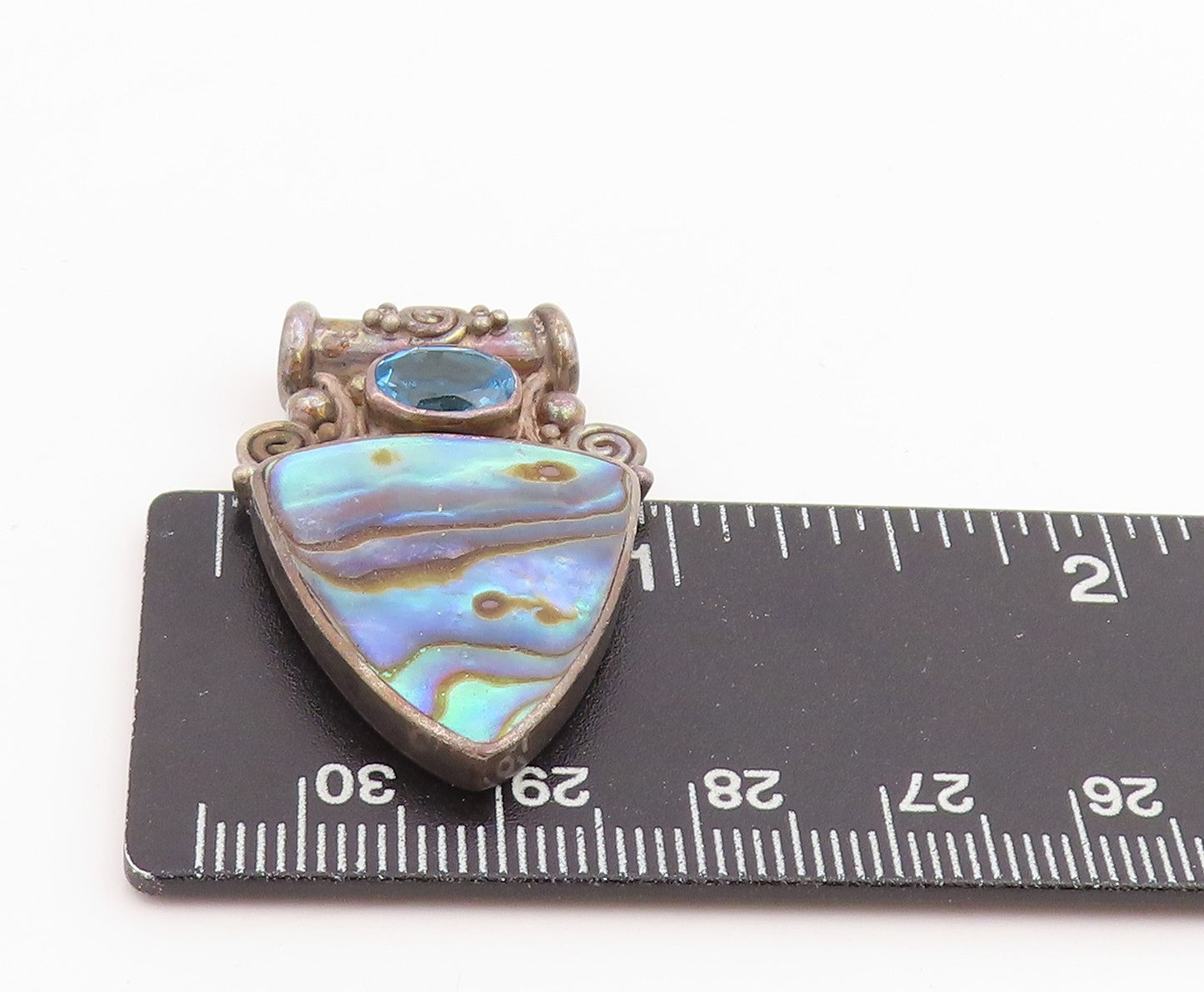 925 Sterling Silver Vintage Pendant SAJEN Abalone & Blue Topaz Swirls  PT25151