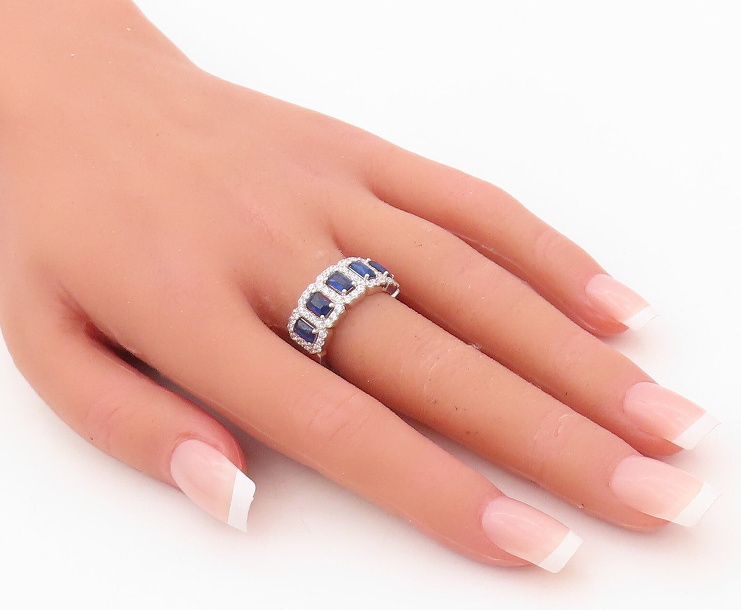 925 Sterling Silver Vintage Ring Rectangle Cut Sapphire Halo CZ  Sz 7.5  RG30237