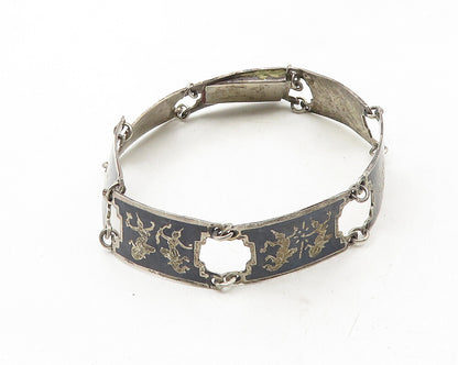 SIAM 925 Sterling Silver  Vintage Enamel Niello Dancer Chain Bracelet  BT4416