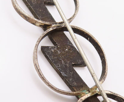 925 Sterling Silver Vintage Brooch Modernist Thunder & Rings Design BP11599