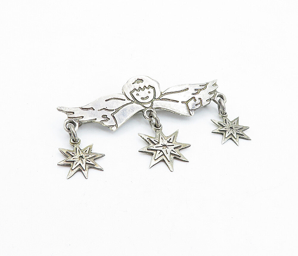 925 Sterling Silver  Vintage Etched Angel Dangling Stars Brooch Pin  BP1619