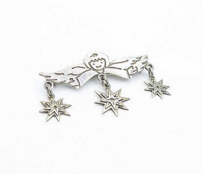 925 Sterling Silver  Vintage Etched Angel Dangling Stars Brooch Pin  BP1619
