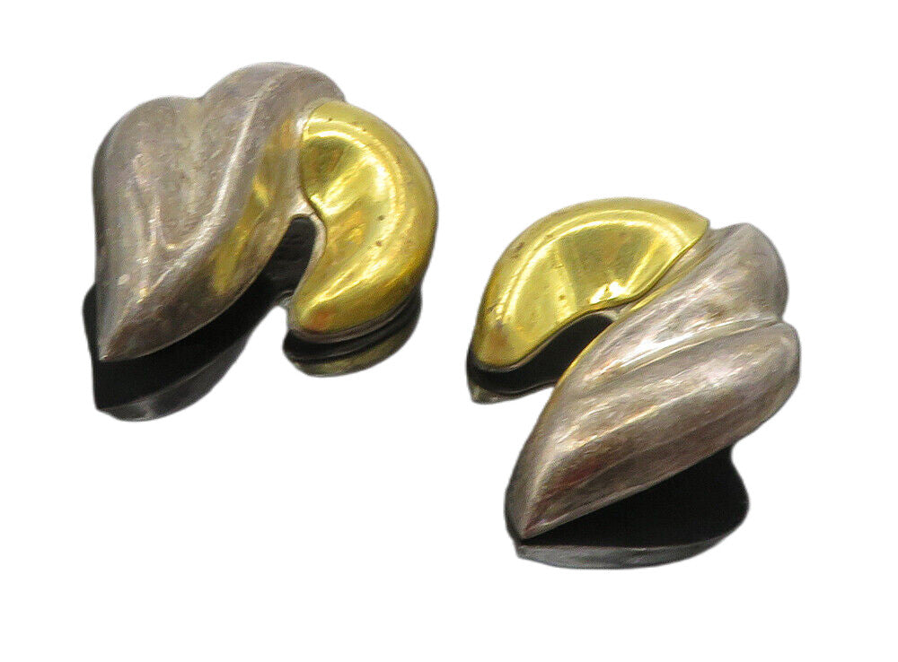 MEXICO 925 Silver  Vintage 2 Tone Modernist Non Pierce Drop Earrings  EG4787