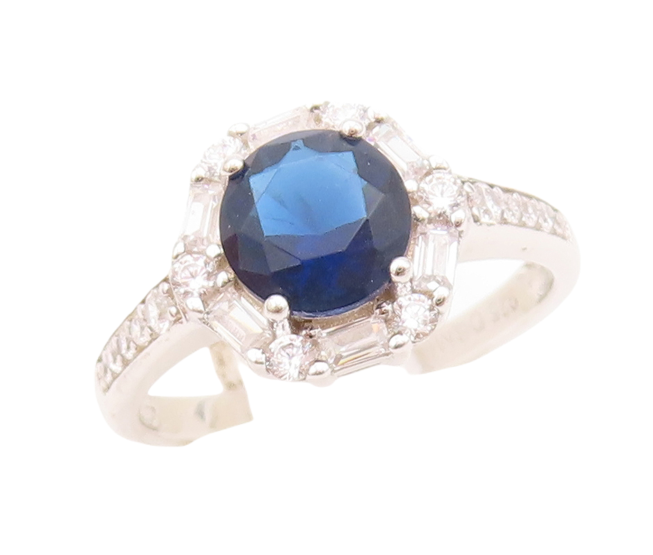 925 Sterling Silver Vintage Ring Round Sapphire Halo CZ Frame  Sz 7 RG30353