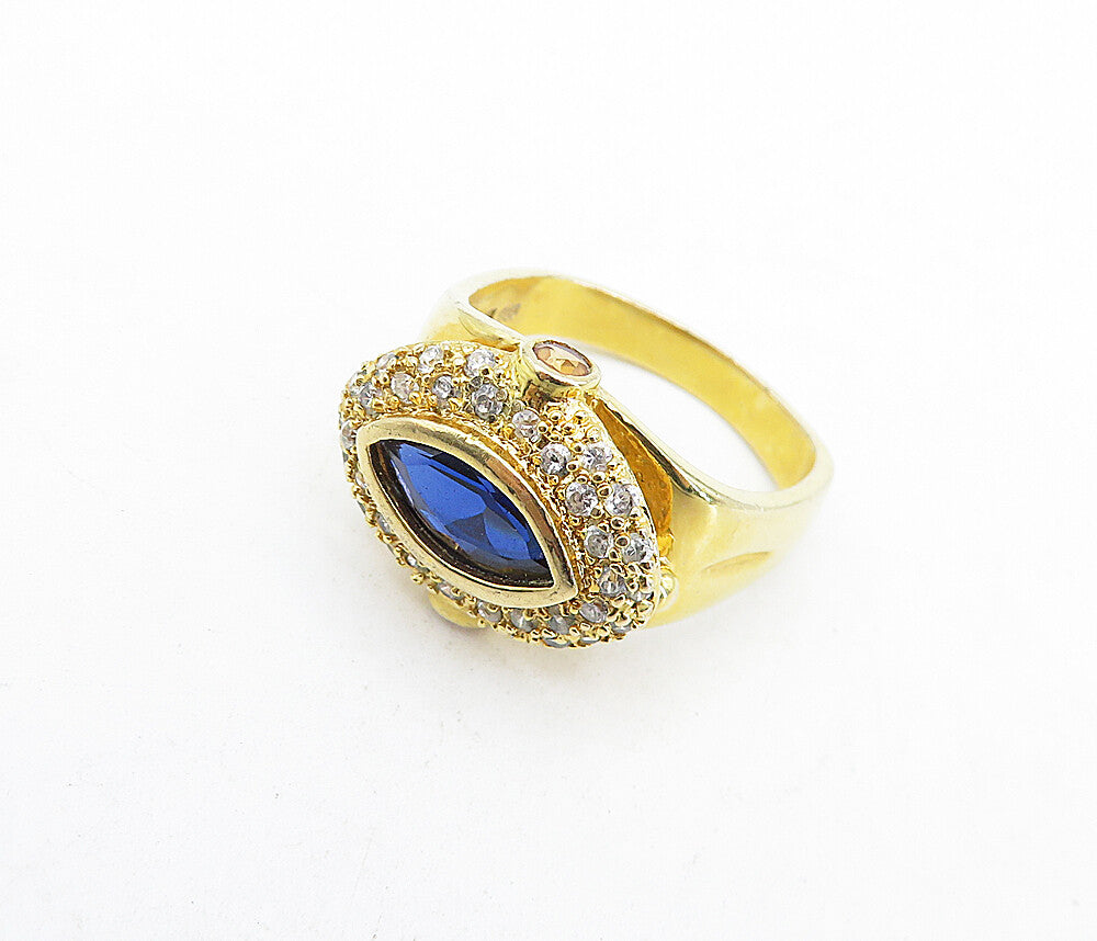 925 Silver  Blue & White Topaz Shiny Gold Plated Cocktail Ring Sz 8.5  RG4730