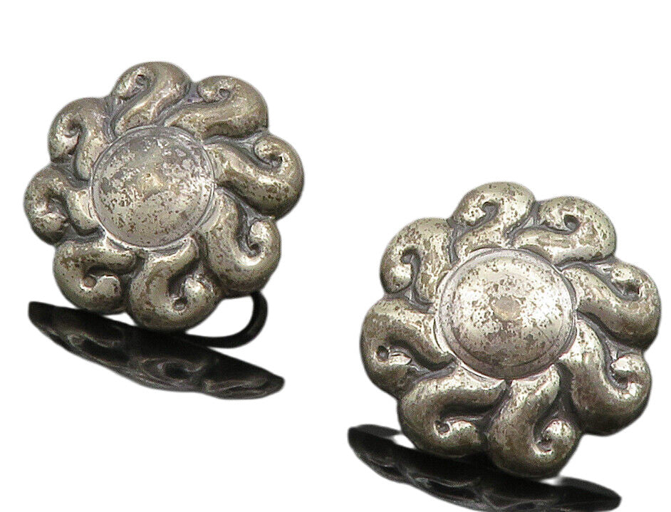 MEXICO 925 Sterling Silver  Vintage Antique Floral Non Pierce Earrings  EG6871