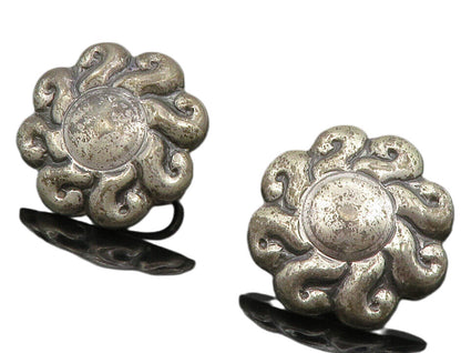 MEXICO 925 Sterling Silver  Vintage Antique Floral Non Pierce Earrings  EG6871